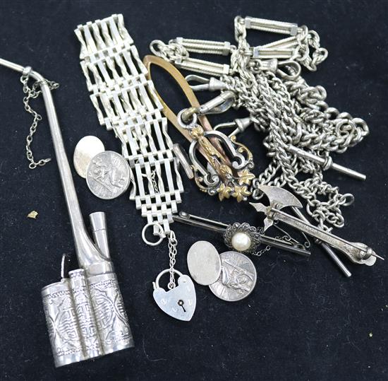A Chinese silver opium pipe, a gate-link bracelet and sundry chains, etc.